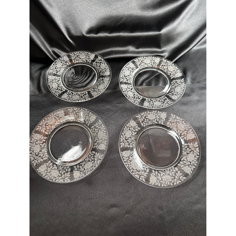 Tiffin Franciscan Etched Rose TIF13 Clear Glass 8 Inch Salad Plates Set of 4